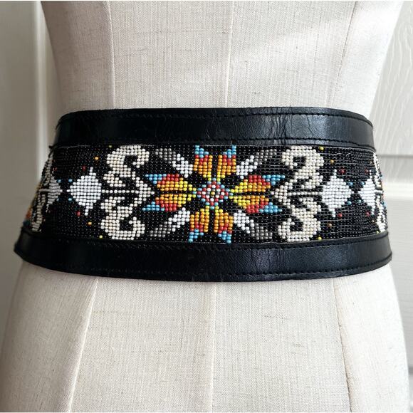 Unbranded Accessories - Black Leather Aztec Southwestern Beaded Boho Wide Tie Waist Belt Festival